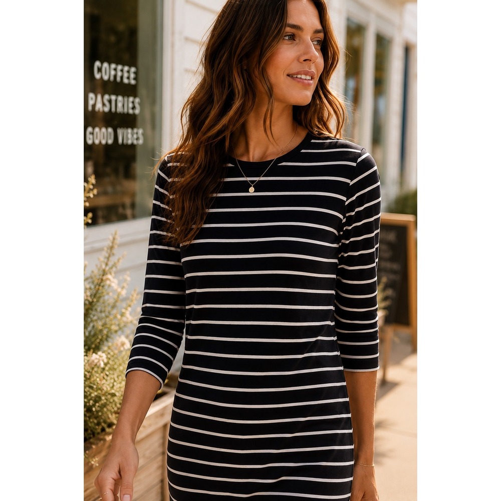 Marine Layer Gigi Striped Cotton Modal Knit Shift‎ T Shirt Dress Black White S